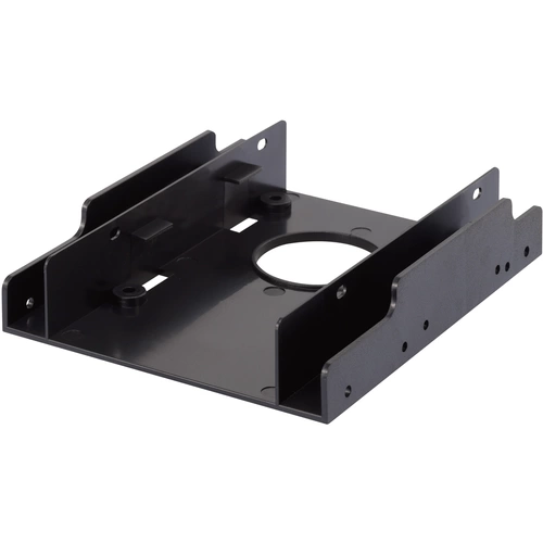 Ein schwarzer, rechteckiger Festplattenhalter aus Metall mit einem runden Ausschnitt in der Mitte und seitlichen Befestigungslöchern.